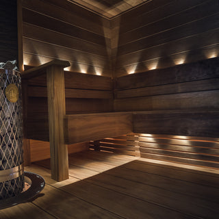 Cariitti glass fiber sauna lights behind bench installation